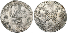 BRABANT, Duché, Les Etats en révolte (1577-1581), AR demi-écu des Etats, 1577, Bruxelles. Avec B dans la date. D/ Le roi à mi-corps de f., couronné et...