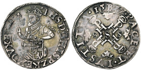 BRABANT, Duché, Les Etats en révolte (1577-1581), AR quart d'écu des Etats, 1577, Bruxelles. Avec B dans la date. D/ Le roi à mi-corps de f., couronné...