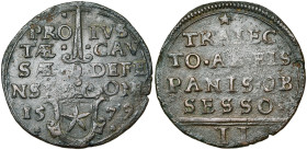 BRABANT, Duché, Maastricht assiégée par Alexandre Farnèse, Cu 2 sols, 1e émission (28 avril 1579). D/ Ecu de la ville sous une épée. Dans le champ, PR...