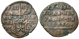 BRABANT, Duché, Maastricht assiégée par Alexandre Farnèse, Cu 1 sol, 1e émission (28 avril 1579). D/ Ecu de la ville sous une épée. Dans le champ: PRO...