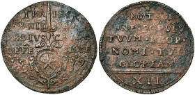 BRABANT, Duché, Maastricht assiégée par Alexandre Farnèse, Cu 12 sols, 2e émission (14 mai 1579). D/ Ecu de la ville sous une épée. Dans le champ: TRA...
