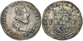 BRABANT, Duché, François d'Alençon, duc d'Anjou (1581-1584), AR demi-écu, 1583 (sur 1582), Anvers. D/ B. cuirassé à d., avec une large fraise. R/ AETE...