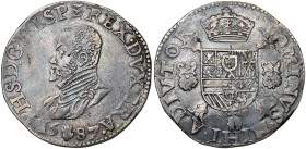 BRABANT, Duché, Philippe II (1555-1598), restauré, AR écu Philippe, 1587, Anvers. D/ B. cuir. à g. R/ Ecu couronné avec écusson de Portugal sur le tou...
