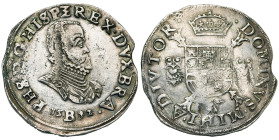 BRABANT, Duché, Philippe II (1555-1598), AR écu Philippe, 1592, Bruxelles. Avec B dans la date. D/ B. cuir. à d. R/ Ecu couronné avec écusson de Portu...