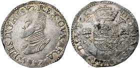 BRABANT, Duché, Philippe II (1555-1598), AR demi-écu Philippe, 1587, Anvers. D/ B. cuir. à g. R/ Ecu couronné avec écusson de Portugal sur le tout, su...