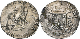BRABANT, Duché, Philippe II (1555-1598), AR demi-écu Philippe, 1591, Anvers. D/ B. cuir. à g. R/ Ecu couronné avec écusson de Portugal sur le tout, su...