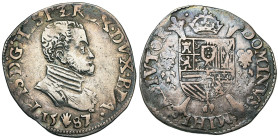 BRABANT, Duché, Philippe II (1555-1598), AR cinquième d'écu Philippe, 1587, Anvers. D/ B. cuir. à d. R/ Ecu couronné avec écusson de Portugal sur le t...