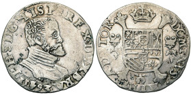 BRABANT, Duché, Philippe II (1555-1598), AR cinquième d'écu Philippe, 1593, Anvers. D/ B. cuir. à d. R/ Ecu couronné avec écusson de Portugal sur le t...