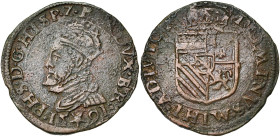 BRABANT, Duché, Philippe II (1555-1598), Cu liard, 1591, Maastricht. D/ B. cour. à g. R/ Ecu couronné. G.H. 232-2; W. 858; VH 321. 5,14 g.

Très Bea...