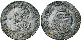 BRABANT, Duché, Philippe II (1555-1598), restauré, Cu gigot (duit), 1593, Maastricht. D/ B. cuir. à g. Trois annelets dans le champ. R/ Ecu couronné. ...