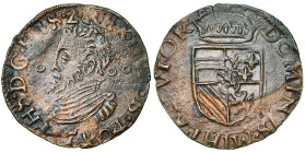 BRABANT, Duché, Philippe II (1555-1598), restauré, Cu gigot (duit), 1594, Maastricht. D/ B. cuir. à g. Trois annelets dans le champ. R/ Ecu couronné. ...