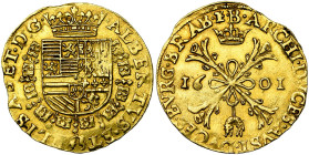 BRABANT, Duché, Albert et Isabelle (1598-1621), AV double albertin, 1601, Bruxelles. Différent: B en fin de légende au revers. D/ Ecu couronné, entour...