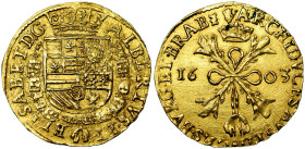 BRABANT, Duché, Albert et Isabelle (1598-1621), AV double albertin, 1603, Anvers. D/ Ecu couronné, entouré du collier de la Toison d'or. R/ Croix de B...