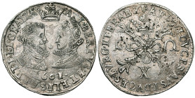 BRABANT, Duché, Albert et Isabelle (1598-1621), AR demi-florin (10 sols), 1601, Anvers. D/ B. affrontés des archiducs sous une couronne. R/ Croix de B...