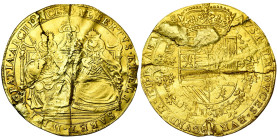 BRABANT, Duché, Albert et Isabelle (1598-1621), AV double souverain, s.d. (1612-1621), Anvers. D/ Les archiducs trônant de f., Albert ten. une épée et...