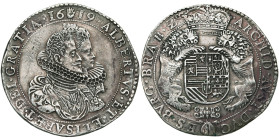 BRABANT, Duché, Albert et Isabelle (1598-1621), AR ducaton, 1619, Anvers. D/ B. accolés des archiducs à d. R/ Ecu couronné, tenu par deux lions, au-de...