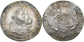 BRABANT, Duché, Albert et Isabelle (1598-1621), AR ducaton, 1619, Anvers. D/ B. accolés des archiducs à d. R/ Ecu couronné, tenu par deux lions, au-de...
