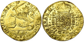 BRABANT, Duché, Philippe IV (1621-1665), AV souverain (lion d'or), 1661, Bruxelles. D/ Lion deb. à g., couronné, brandissant une épée, la patte posée ...