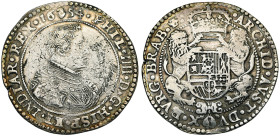 BRABANT, Duché, Philippe IV (1621-1665), AR ducaton, 1654, Anvers. Deuxième type. D/ B. dr. et cuir. à d. R/ Ecu couronné, tenu par deux lions. En des...