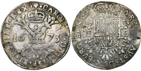 BRABANT, Duché, Charles II (1665-1700), AR patagon, 1673, Bruxelles. D/ Croix de Bourgogne sous une couronne, portant le bijou de la Toison d'or. R/ E...