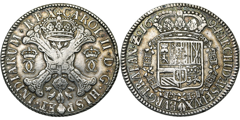 BRABANT, Duché, Charles II (1665-1700), AR patagon, 1694, Bruxelles. Nouveau typ...