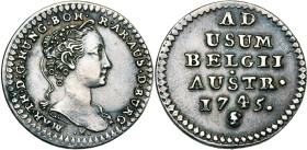 BRABANT, Duché, Marie-Thérèse (1740-1780), liard, 1745, Bruxelles. Essai en argent. D/ T. à d. R/ AD/ USUM/ BELGII/ AUSTR./ 1745. W. 1145 (note); V.K....