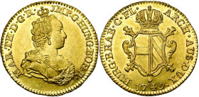 BRABANT, Duché, Marie-Thérèse (1740-1780), AV double souverain, 1749, Anvers. Premier type. Tranche laurée. D/ B. dr. et couronné à d. R/ Ecu échancré...