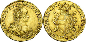 BRABANT, Duché, Marie-Thérèse (1740-1780), AV double souverain, 1749, Anvers. Premier type. Tranche laurée. D/ B. dr. et couronné à d. R/ Ecu échancré...