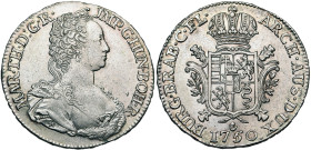 BRABANT, Duché, Marie-Thérèse (1740-1780), AR ducaton, 1750, Anvers. D/ B. dr. et diad. à d., avec pendant d'oreille. MAR· TH· en début de légende. R/...
