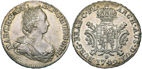 BRABANT, Duché, Marie-Thérèse (1740-1780), AR demi-ducaton, 1749, Anvers. D/ B. dr. et diad. à d. R/ Ecu couronné sur une croix de Bourgogne. W. 1118;...