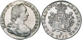 BRABANT, Duché, Marie-Thérèse (1740-1780), AR quart de ducaton, 1751, Anvers. D/ B. dr. et diad. à d. R/ Ecu couronné sur une croix de Bourgogne. W. 1...