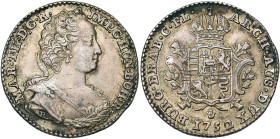BRABANT, Duché, Marie-Thérèse (1740-1780), AR quart de ducaton, 1752, Anvers. D/ B. dr. et diad. à d., à la grande tête. R/ Ecu couronné sur une croix...