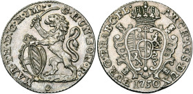 BRABANT, Duché, Marie-Thérèse (1740-1780), AR escalin, 1750, Anvers. Deuxième type. Tranche cordonnée en creux. D/ Lion deb. à g., ten. une épée et l'...
