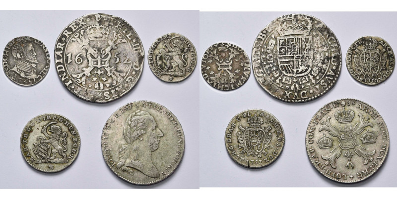 lot de 5 p.: Philippe II, 1/10 écu Philippe, 1572, Utrecht; Philippe IV, patagon...