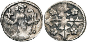 ARTOIS, Seigneurie de Fauquemberghes, AR denier anonyme, 2e moitié du 13e s. D/ Une femme deb. de f., ten. un lis et un faucon. R/ Croix losangée cant...