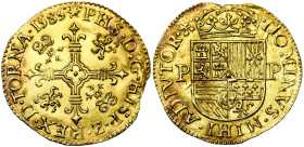 TOURNAI, Seigneurie, Philippe II (1555-1598), AV couronne d'or, 1585. Sans les armes de Portugal. D/ Croix fleurdelisée, cantonnée de deux lions et de...