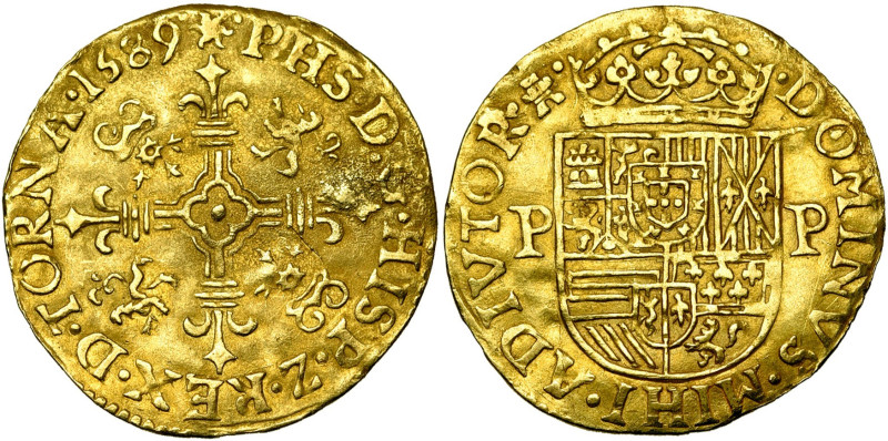 TOURNAI, Seigneurie, Philippe II (1555-1598), AV couronne d'or, 1589. Aux armes ...