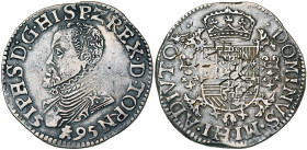 TOURNAI, Seigneurie, Philippe II (1555-1598), AR demi-écu Philippe, 1595. D/ B. cuirassé à g. R/ Ecu couronné avec écusson de Portugal sur le tout, su...