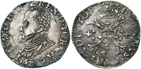 TOURNAI, Seigneurie, Philippe II (1555-1598), AR dixième d'écu Philippe, 1589. D/ B. cuirassé à g. R/ Ecu couronné sur une croix de Bourgogne, entre d...