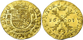 TOURNAI, Seigneurie, Albert et Isabelle (1598-1621), AV double albertin, 1603. D/ Ecu couronné, entouré du collier de la Toison d'or. R/ Croix de Bour...