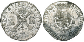 TOURNAI, Seigneurie, Albert et Isabelle (1598-1621), AR patagon, s.d. (1612-1621). D/ Croix de Bourgogne sous une couronne, portant le bijou de la Toi...