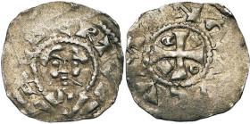 NAMUR, Comté, Albert III (1063-1102), AR denier. D/ ALBERTVS T. barbue de f., avec une longue moustache. R/ NAMVCVM Croix cantonnée de deux croisettes...