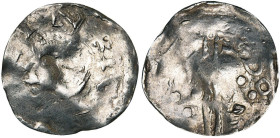 LIEGE, Principauté, AR denier, Huy. Au titre d'Henri III, roi (1039-1046). D/ T. à g. R/ S DO[MI-ANVS Deux lignes de points verticales séparant deux g...