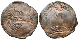 LIEGE, Principauté, Jean de Heinsberg (1419-1455), Cu grand brûlé, Weert. D/ Ecu de Heinsberg sur une croix longue coupant la légende. R/ MON[ET FACTA...