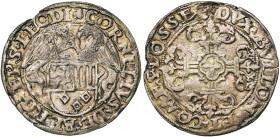 LIEGE, Principauté, Corneille de Berghes (1538-1544), AR double patard, s.d., Hasselt. D/ Deux griffons soutenant l'écu de l'évêque. R/ Croix feuillue...