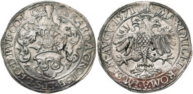LIEGE, Principauté, Gérard de Groesbeeck (1564-1580), AR rixdaler, 1571, Hasselt. Au titre de Maximilien II de Habsbourg. D/ L'écu de l'évêque surmont...