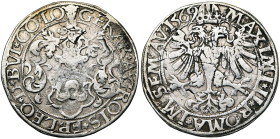 LIEGE, Principauté, Gérard de Groesbeeck (1564-1580), AR demi-rixdaler, 1569, Hasselt. Au titre de Maximilien II de Habsbourg. D/ L'écu de l'évêque su...