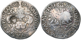 LIEGE, Principauté, Gérard de Groesbeeck (1564-1580), AR demi-rixdaler, 1571, Hasselt. Contremarqué de l'écusson de Hollande. D/ L'écu de l'évêque sur...