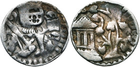 HERSTAL, Henri Ier, duc de Brabant (1190-1235), AR denier. D/ H-ENC B. casqué à d., ten. une épée sur l'épaule. A g., une croisette. R/ A g., une cons...