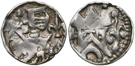 HERSTAL, Henri Ier, duc de Brabant (1190-1235), AR denier. D/ H-ENC B. casqué à d., ten. une épée sur l'épaule, entre une tige fleurie et un lis. R/ U...